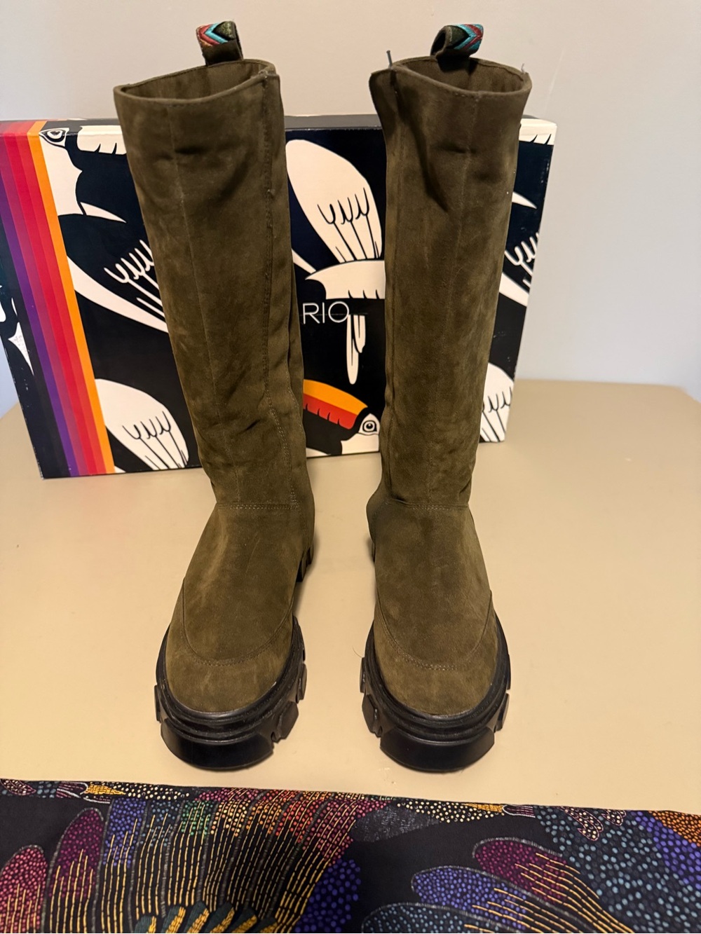 FARM Rio Olive Green Suede Knee High Lug Sole Boots